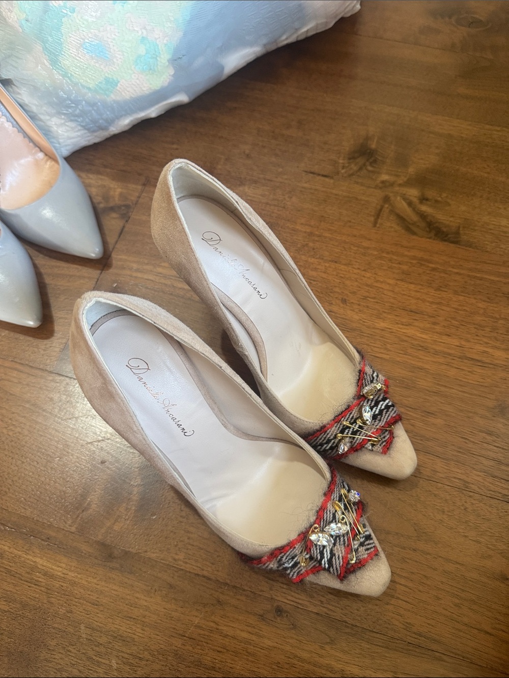 Danielle Ancarani Beige Pointed Toe Pumps with Embellished Accent